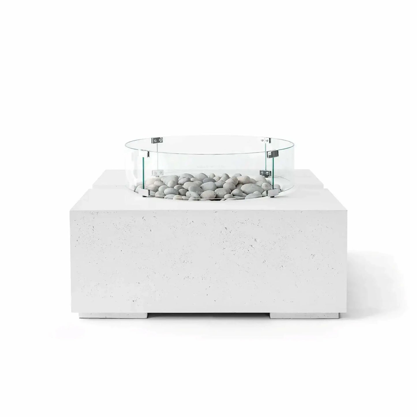HPC Fire Hearth Products Controls Dekko GFRC Concrete Bravo 32 x 32 Fire Pit in Natural finish featuring Ivory Stone fire media and a circular tempered glass wind guard. The bright white concrete base and smooth ivory stones create a crisp, modern aesthetic, showcasing a premium square outdoor fire pit designed for contemporary patios and outdoor gathering spaces.