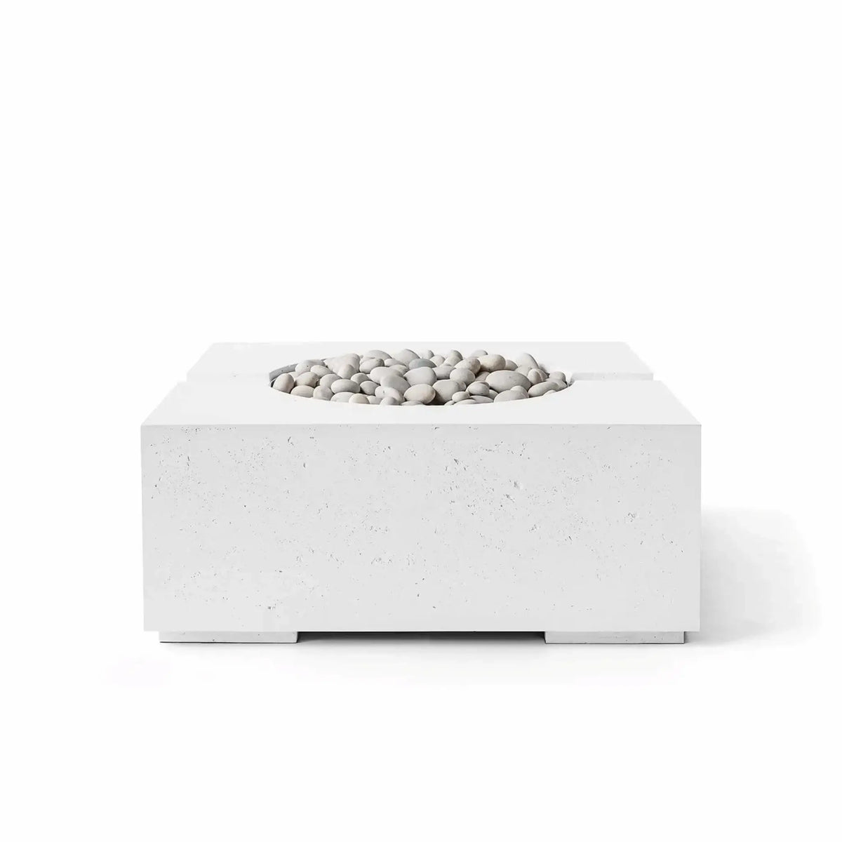 Front-facing product image of the HPC Fire Hearth Products Controls Dekko GFRC Concrete Bravo 32 x 32 Fire Pit in Natural finish with Ivory Stone fire media. The square fire pit features durable glass fiber reinforced concrete construction, a lightly textured natural gray surface, recessed circular burner opening, and smooth ivory decorative stones that create a clean, contemporary focal point for patios, decks, and outdoor living spaces.