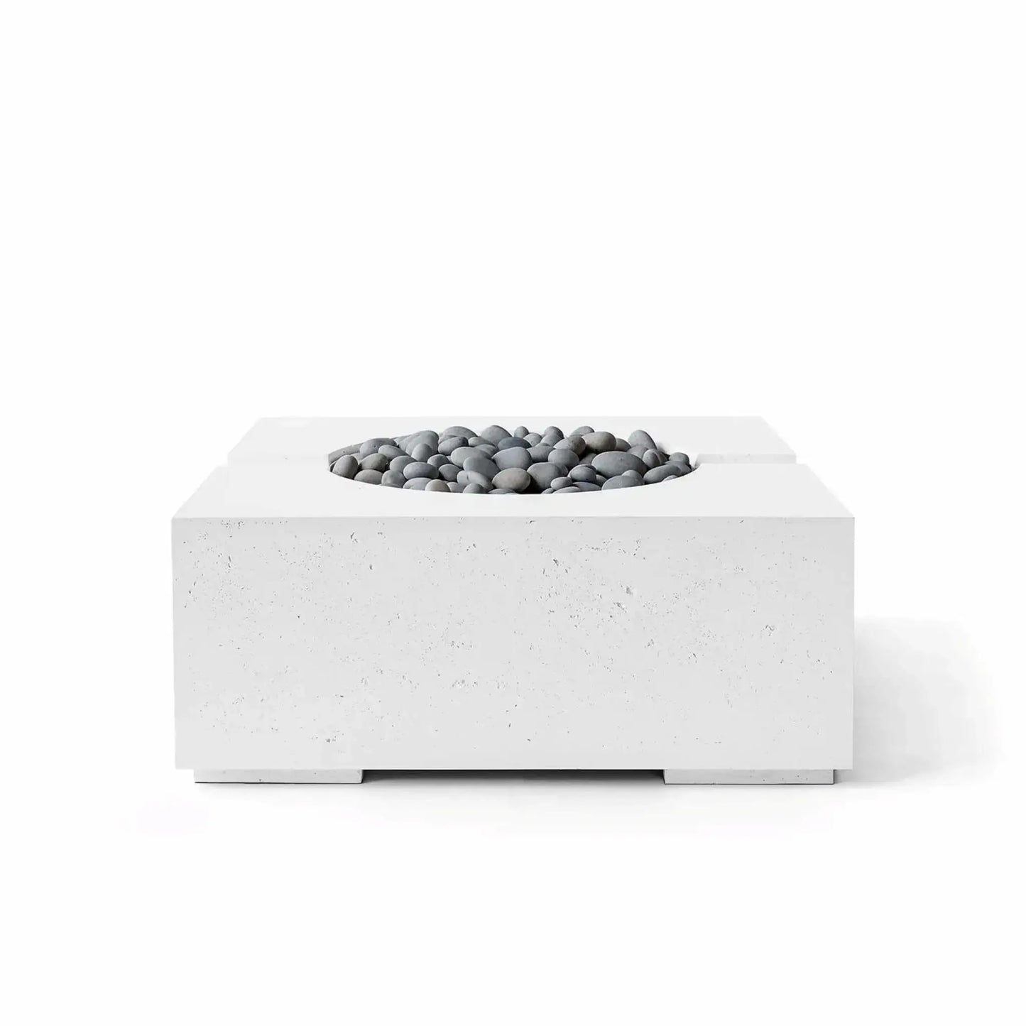 Product image of the Dekko GFRC Concrete Bravo 32 x 32 Fire Pit by HPC Fire Hearth Products Controls in Natural finish with decorative Slate Stone media. The recessed circular burner area is filled with smooth gray stones that complement the textured concrete body, highlighting the fire pit’s clean lines, square design, and modern outdoor styling for residential gathering spaces.