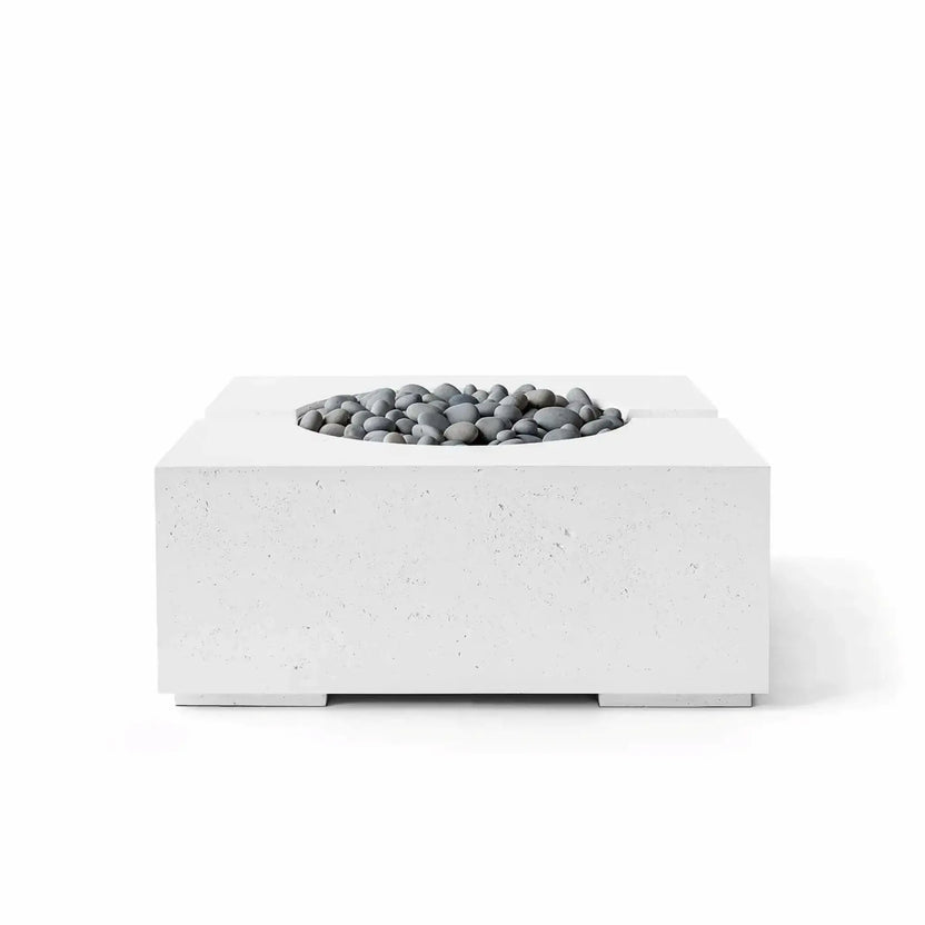 Product image of the Dekko GFRC Concrete Bravo 32 x 32 Fire Pit by HPC Fire Hearth Products Controls in Natural finish with decorative Slate Stone media. The recessed circular burner area is filled with smooth gray stones that complement the textured concrete body, highlighting the fire pit’s clean lines, square design, and modern outdoor styling for residential gathering spaces.
