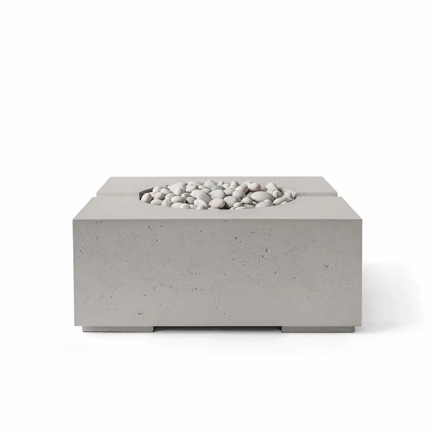 Front view of the HPC Fire Hearth Products Controls Dekko GFRC Concrete Bravo 32 x 32 Fire Pit in Sandstone finish featuring Ivory Stone fire media. The square fire pit showcases a warm sandstone-toned concrete exterior, durable GFRC construction, recessed circular burner compartment, and smooth ivory stones that enhance its elegant and versatile outdoor design.