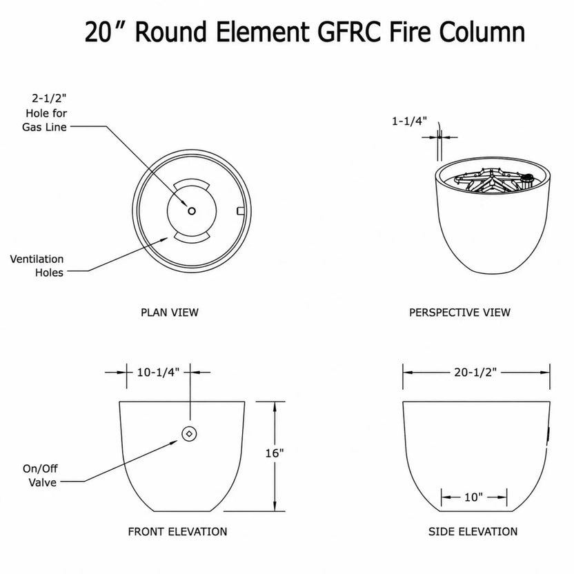 General specification drawing for the HPC Fire Hearth Products Controls Dekko GFRC Concrete Element 20 Round Fire Column. The sheet includes plan, front, side, and perspective views with labeled dimensions, ventilation openings, gas line access hole, and on/off valve location. Measurements highlight the 20-inch round fire column’s overall size, profile, and installation requirements for outdoor gas fire feature applications.