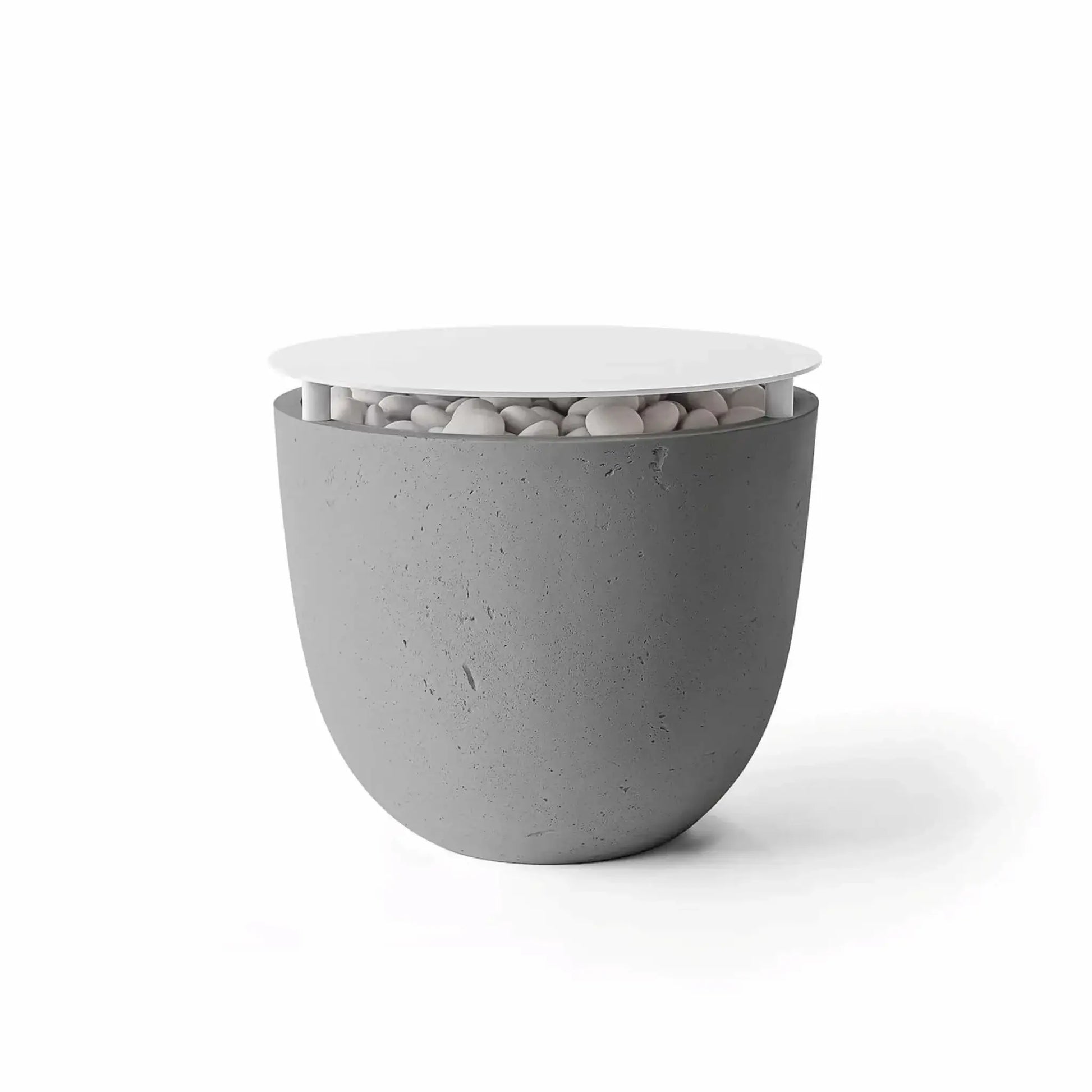 Dekko GFRC Concrete Element 20 Round Fire Column Charcoal Table Top Lid by HPC Fire Hearth Products Controls displayed on a white background. The charcoal gray concrete fire column includes a circular tabletop lid positioned above decorative stone media, allowing the fire feature to double as a stylish outdoor table when not in use. The image showcases the rich charcoal finish, subtle concrete texture, and contemporary rounded silhouette.