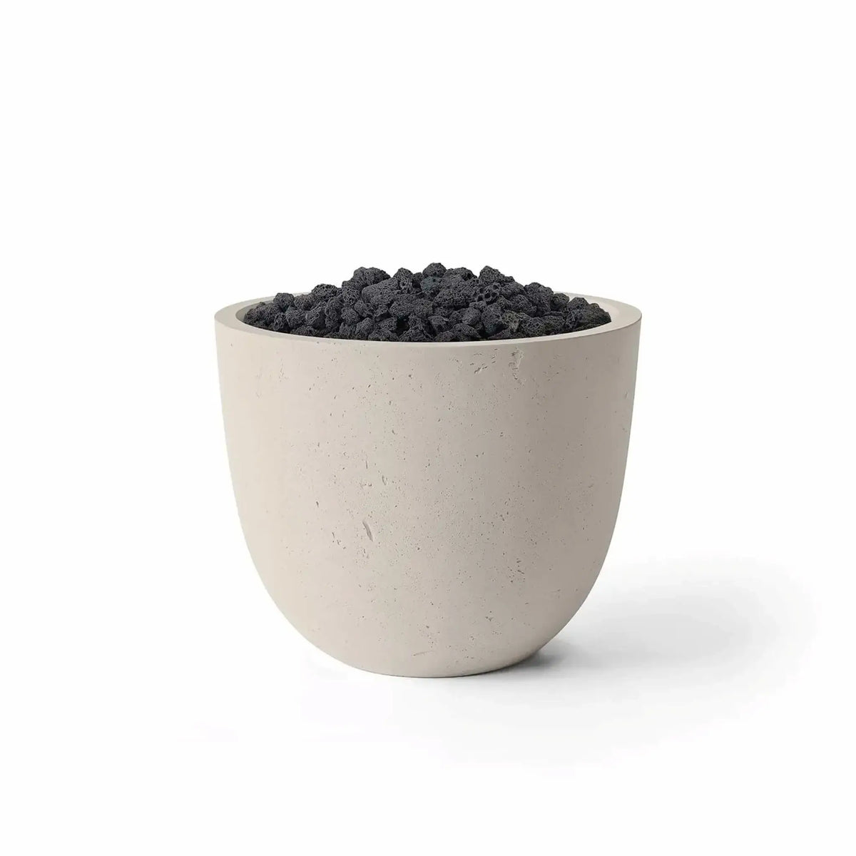 HPC Fire Hearth Products Controls Dekko GFRC Concrete Element 20 Round Fire Column featuring a Clay concrete finish and natural Lava Rock media. The fire column has a contemporary rounded profile, light beige GFRC construction, and a recessed burner area filled with rugged black volcanic rock. Product image isolated on a white background, showcasing the contrast between the Clay finish and Lava Rock media.