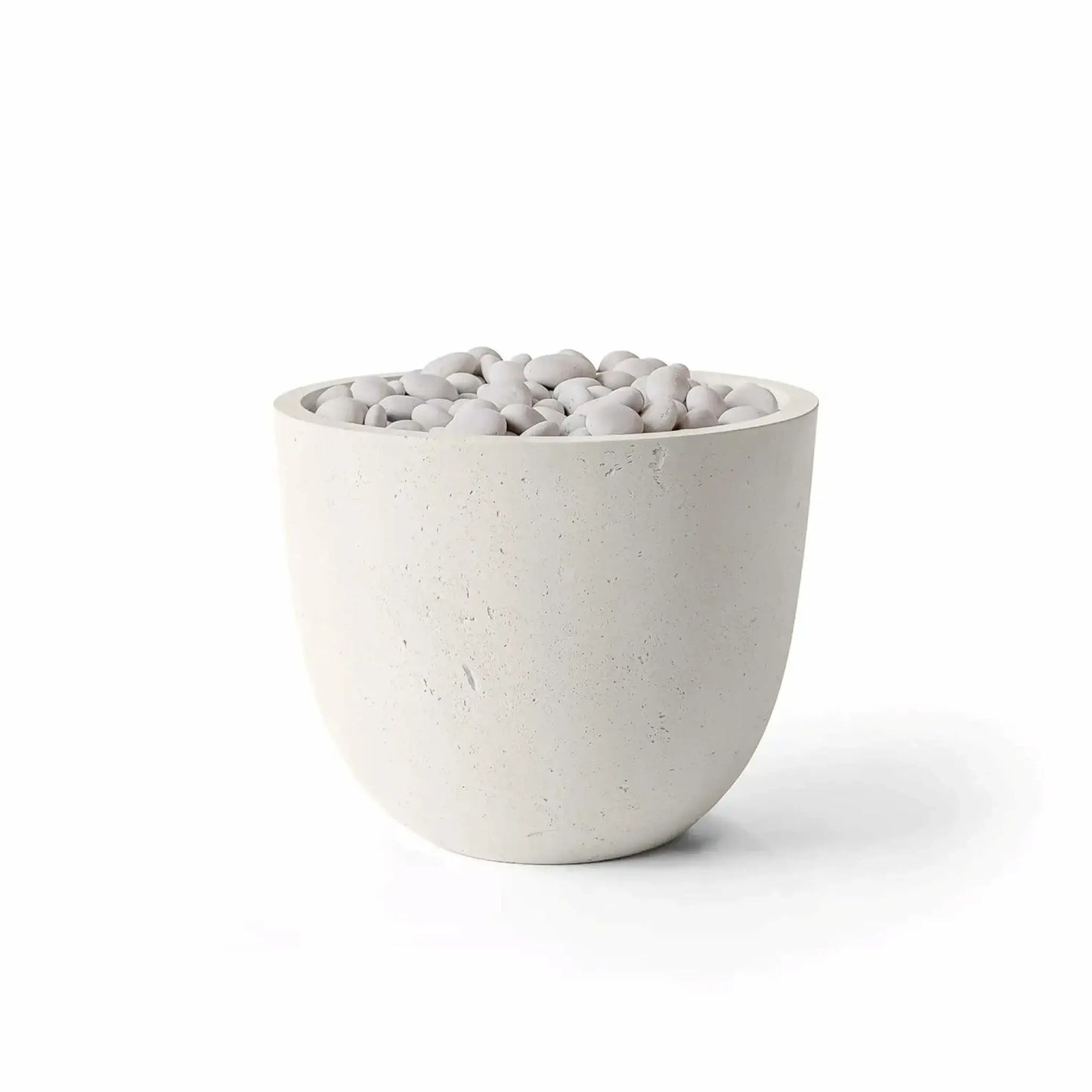 Dekko GFRC Concrete Element 20 Round Fire Column by HPC Fire Hearth Products Controls featuring a Limestone finish and Ivory Stone fire media. The fire column has a rounded bowl-like silhouette with a light off-white concrete texture and smooth ivory decorative stones filling the burner opening. Product image isolated on a white background, emphasizing the Limestone GFRC construction and elegant Ivory Stone media combination for outdoor fire pit installations.