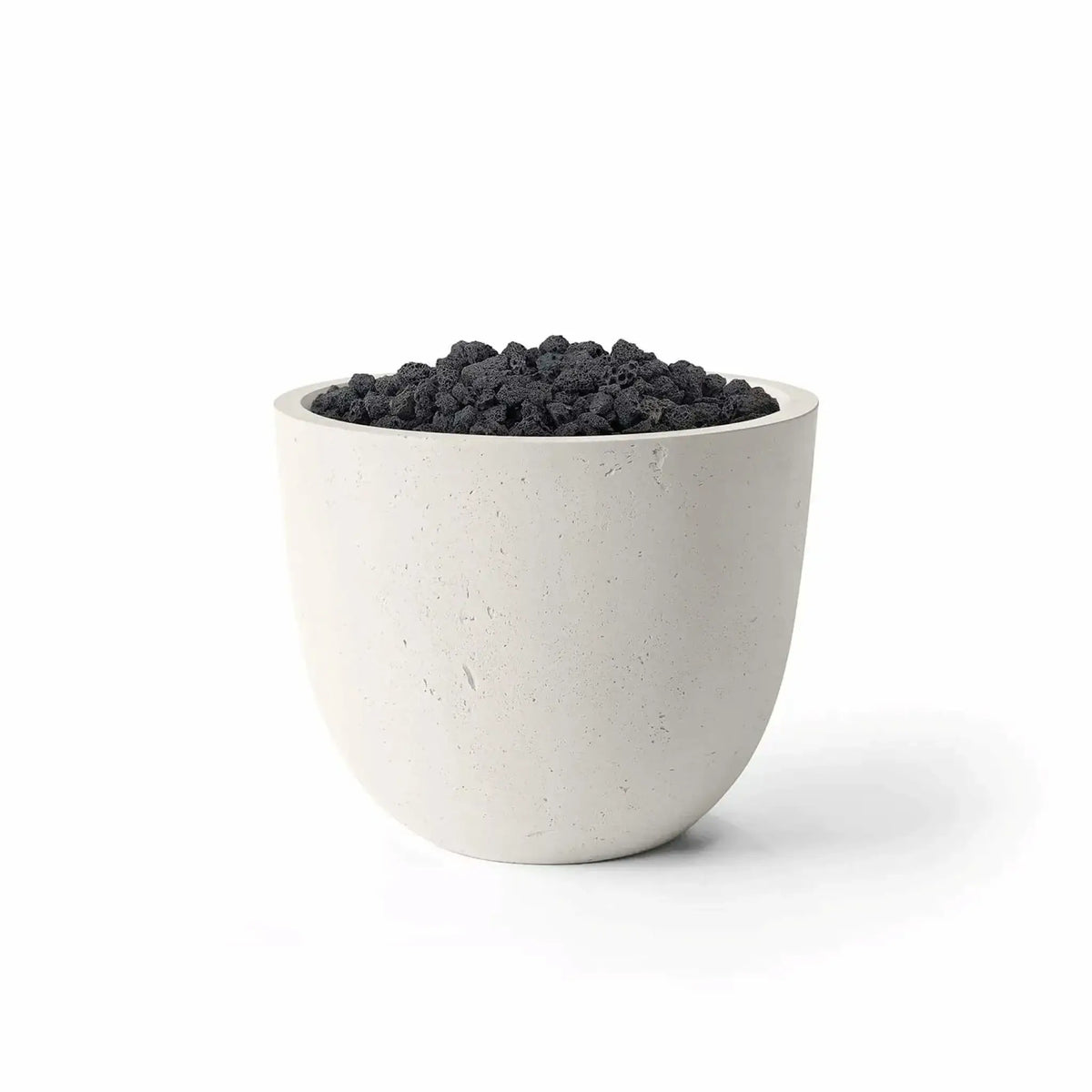 HPC Dekko GFRC Concrete Element 20 Round Fire Column in a Limestone finish paired with black Lava Rock media. The contemporary outdoor fire feature displays a smooth rounded GFRC concrete body with a light neutral tone and a recessed burner area filled with rugged volcanic rock. Studio product image on a white background showcasing the contrast between the Limestone concrete finish and natural Lava Rock fire media.