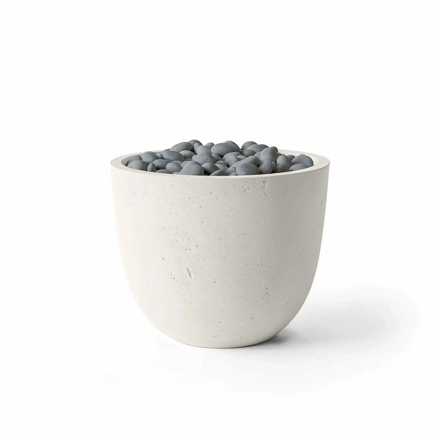 HPC Fire Hearth Products Controls Dekko GFRC Concrete Element 20 Round Fire Column featuring a Limestone finish with decorative Slate Stone media. The rounded concrete fire column showcases a light limestone-colored GFRC exterior and polished gray stones arranged across the burner opening. Product photography on a white background highlights the clean lines, textured surface, and modern outdoor design of the Limestone Slate Stone fire feature.