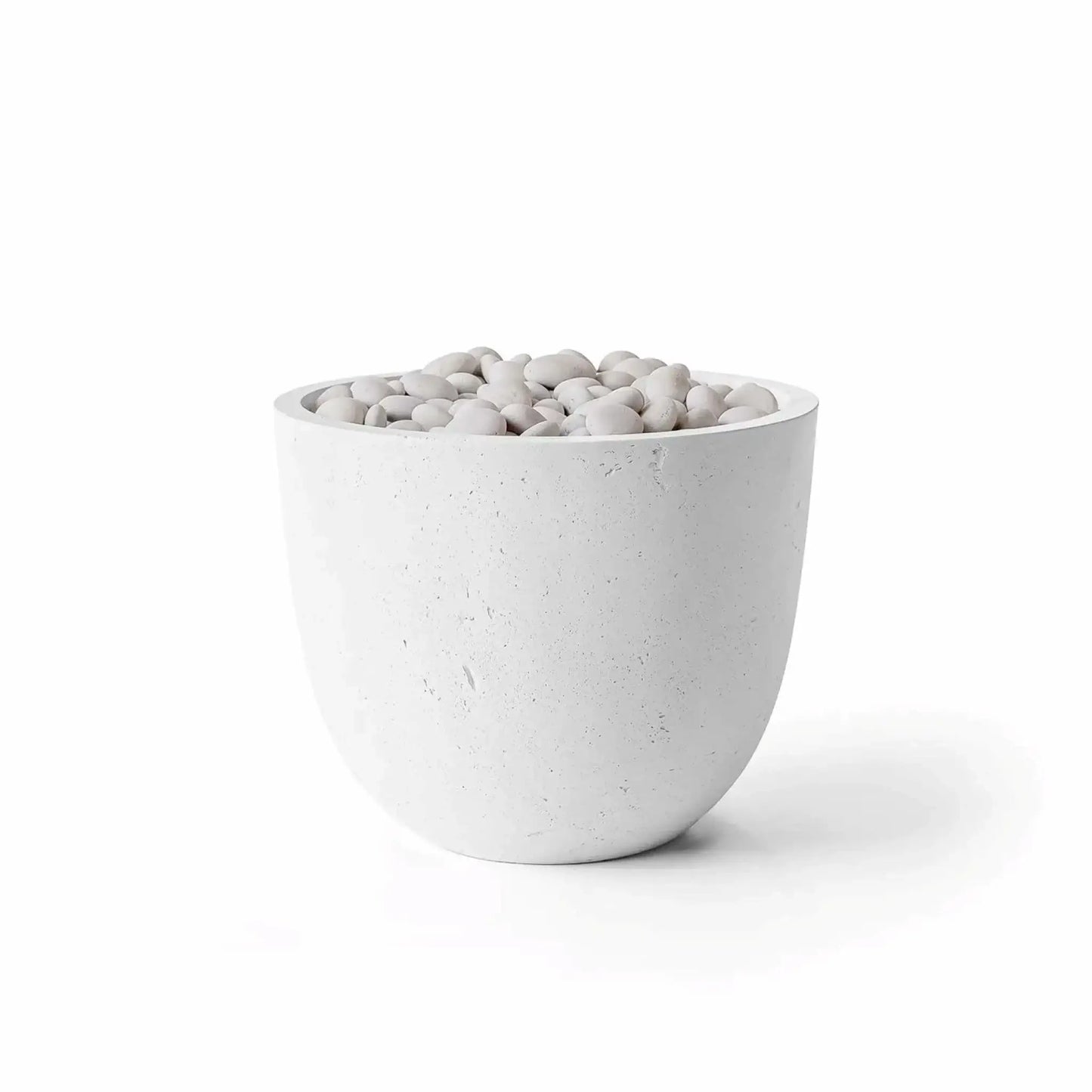 Dekko GFRC Concrete Element 20 Round Fire Column by HPC in a Natural finish with Ivory Stone fire media. This modern outdoor fire feature combines a soft gray concrete texture with smooth white decorative stones filling the recessed burner area. The rounded fire column design is displayed on a white background, emphasizing the Natural GFRC finish, handcrafted texture, and elegant Ivory Stone media selection.