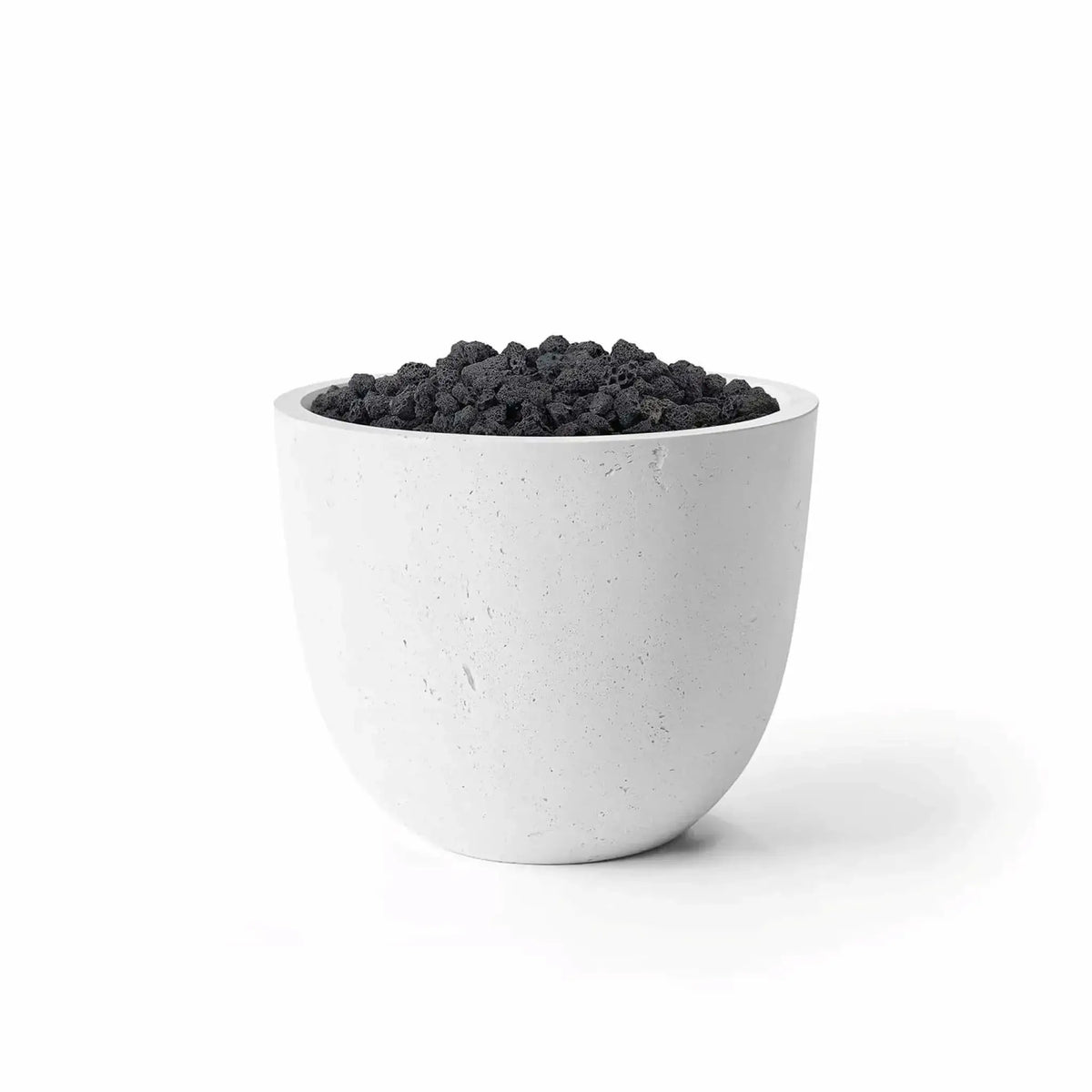 HPC Fire Hearth Products Controls Dekko GFRC Concrete Element 20 Round Fire Column in a Natural finish with Lava Rock media. The contemporary fire column features a rounded GFRC concrete body in a neutral gray tone and a burner opening filled with black volcanic lava rock. Clean product image on a white background showcasing the Natural finish, textured concrete surface, and rugged Lava Rock media for outdoor fire feature applications.
