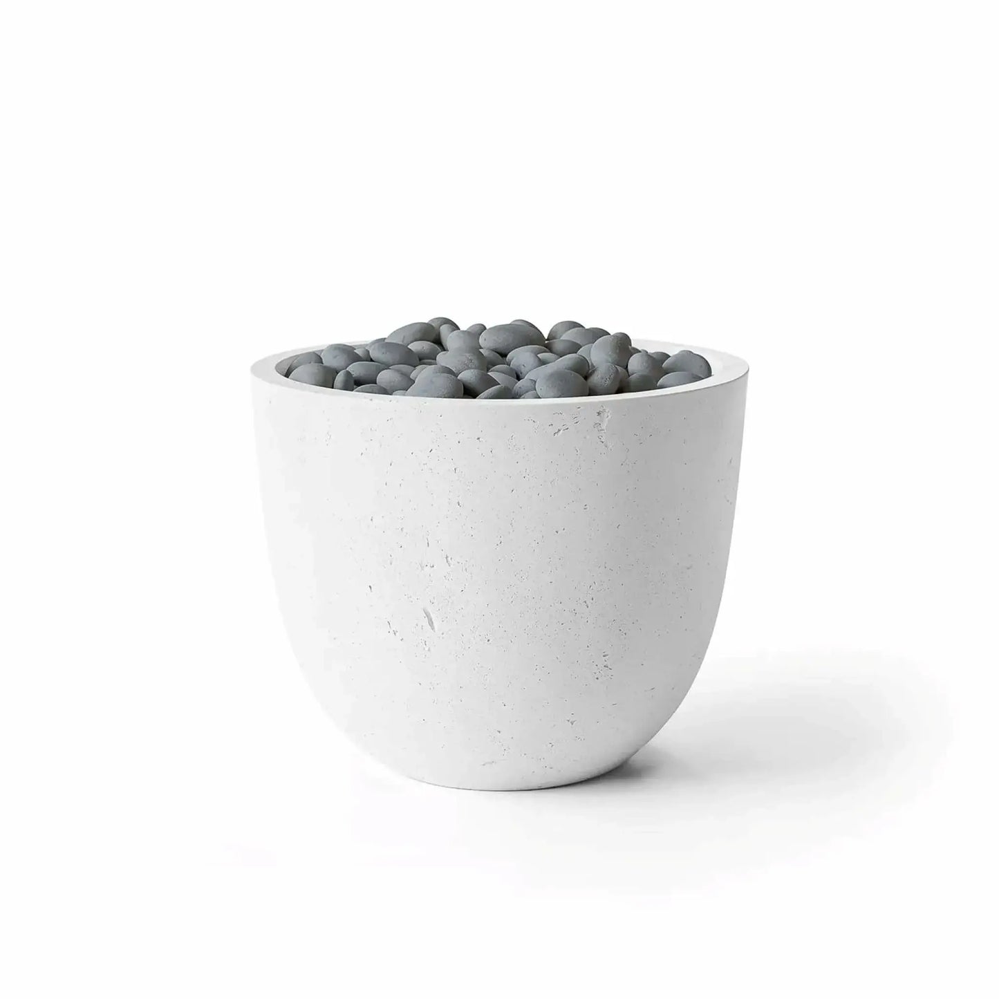 HPC Dekko GFRC Concrete Element 20 Round Fire Column featuring a Natural concrete finish and Slate Stone decorative media. The rounded outdoor fire feature showcases a light gray GFRC concrete body with subtle texture and polished gray stones covering the burner area. Product photography on a white background highlights the clean architectural shape and contemporary Natural Slate Stone configuration.
