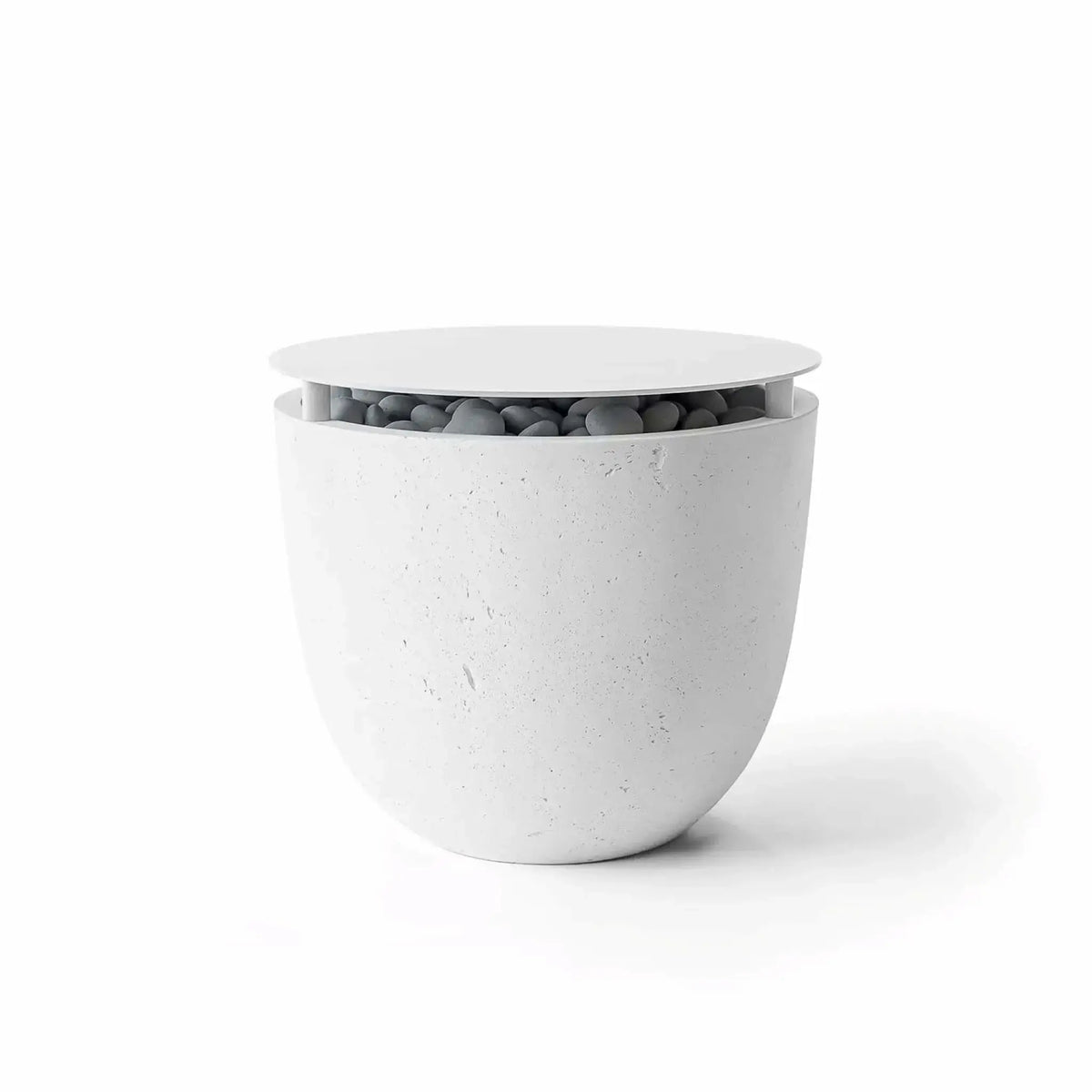 HPC Fire Hearth Products Controls Dekko GFRC Concrete Element 20 Round Fire Column Natural Table Top Lid displayed against a white background. The natural concrete finish pairs with a sleek round tabletop cover positioned above smooth gray decorative stones. This image highlights the fire column’s textured GFRC construction, compact footprint, and versatile tabletop lid accessory designed for premium outdoor patios and gathering spaces.