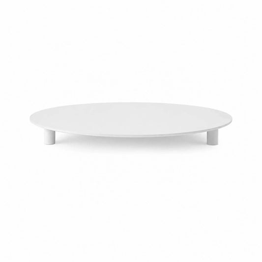 HPC Fire Hearth Products Controls Dekko GFRC Concrete Element 20 Round Fire Column Table Top Lid White Background MAIN product image featuring the standalone circular tabletop cover accessory. The smooth white metal lid is supported by short raised legs, allowing it to sit securely above the fire media and convert the fire column into a functional tabletop surface. Ideal for protecting the burner area while adding everyday usability to outdoor spaces.