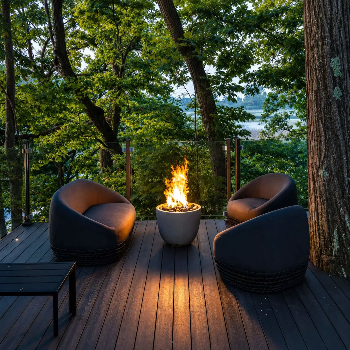 Dekko GFRC Concrete Element Round 20 Fire Column by HPC Fire Hearth Products Controls displayed on a hillside rooftop deck with sweeping city views. Two women stand around the round concrete fire feature, enjoying the warmth of dancing flames above smooth white stone media. The image showcases the fire column as a modern outdoor design element suited for luxury terraces, balconies, and entertainment areas.