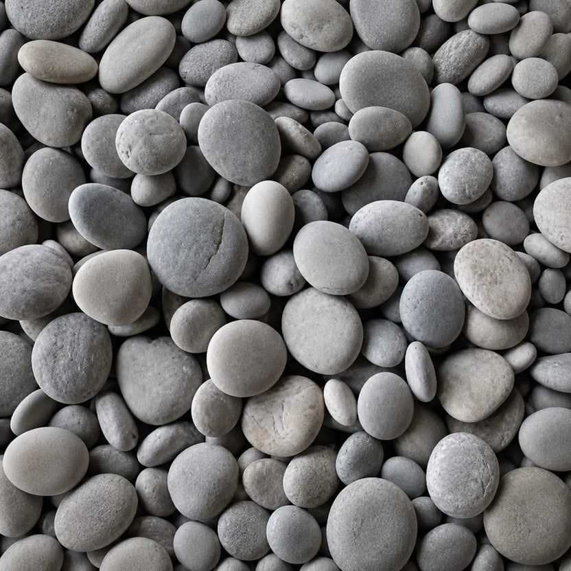 Close-up texture image of HPC Fire Hearth Products Dekko GFRC Concrete Fire Pit Media Ivory Beach Stone, featuring smooth rounded beach stones in soft ivory, light gray, and pale natural tones. The polished river rock-style media displays a variety of sizes and organic shapes, creating a clean, contemporary fire pit accent ideal for outdoor gas fire tables, fire bowls, and decorative landscape fire features.