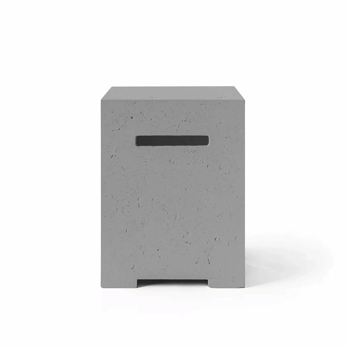 HPC Fire Hearth Products Controls Dekko GFRC Concrete Propane Tank Cover in Charcoal finish, displayed in a front-view product photograph on a white background. The dark gray GFRC concrete construction showcases a durable textured surface, clean architectural lines, recessed horizontal handle opening, and contemporary styling designed to hide propane tanks while coordinating with modern gas fire pits, fire tables, and upscale outdoor patio environments.