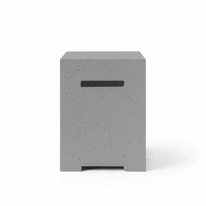 HPC Fire Hearth Products Controls Dekko GFRC Concrete Propane Tank Cover in Charcoal finish, displayed in a front-view product photograph on a white background. The dark gray GFRC concrete construction showcases a durable textured surface, clean architectural lines, recessed horizontal handle opening, and contemporary styling designed to hide propane tanks while coordinating with modern gas fire pits, fire tables, and upscale outdoor patio environments.