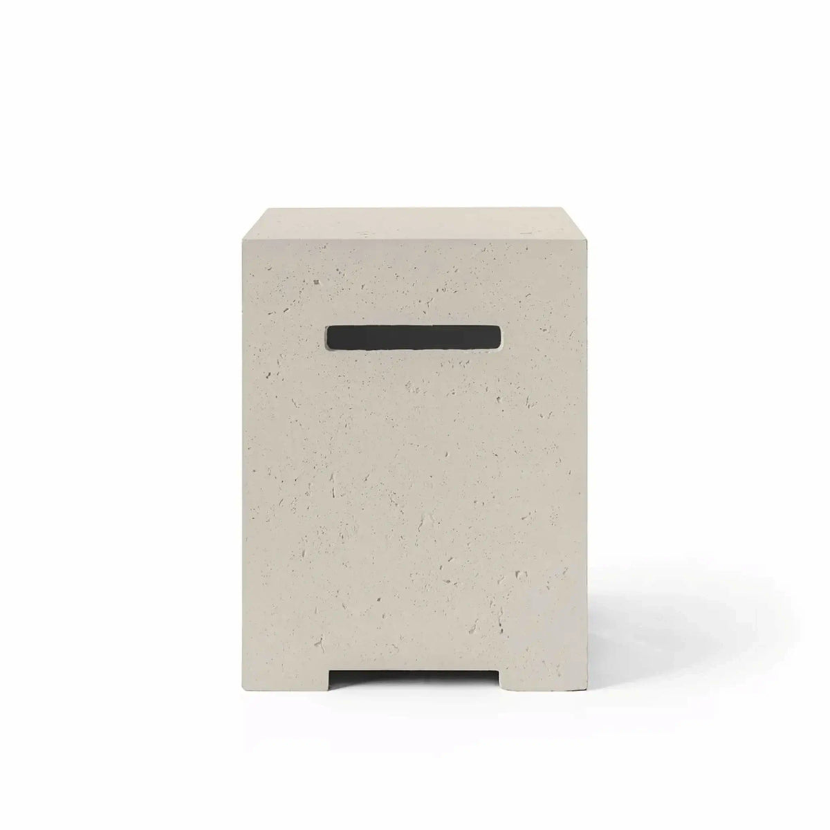 HPC Fire Hearth Products Controls Dekko GFRC Concrete Propane Tank Cover in Clay finish, presented in a professional studio image with a neutral white backdrop. Featuring a warm beige concrete tone, textured GFRC construction, rectangular silhouette, and integrated handle slot, this propane tank cover provides attractive fuel storage while blending seamlessly with outdoor fire features, patio furniture, and contemporary landscape designs.