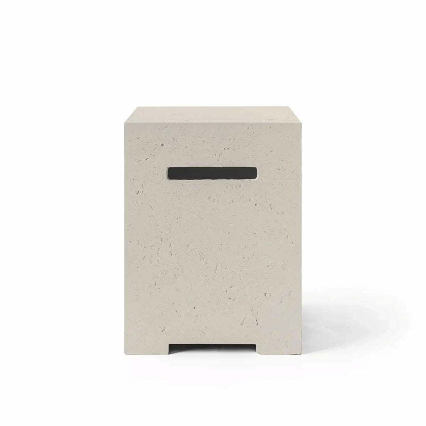 HPC Fire Hearth Products Controls Dekko GFRC Concrete Propane Tank Cover in Clay finish, presented in a professional studio image with a neutral white backdrop. Featuring a warm beige concrete tone, textured GFRC construction, rectangular silhouette, and integrated handle slot, this propane tank cover provides attractive fuel storage while blending seamlessly with outdoor fire features, patio furniture, and contemporary landscape designs.