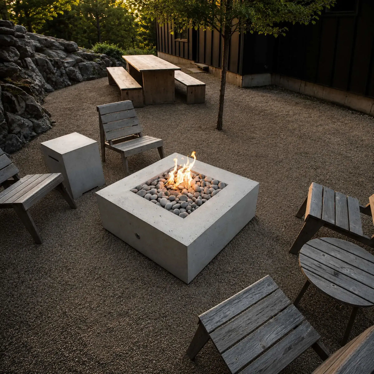 HPC Fire Hearth Products Controls Dekko GFRC Concrete Propane Tank Cover positioned next to a square GFRC concrete fire pit filled with smooth river rock media. Captured from an elevated perspective, this outdoor gathering space features Adirondack-style wood chairs, a picnic table, natural stone landscaping, and warm firelight, highlighting the propane tank cover’s seamless integration into modern backyard designs.