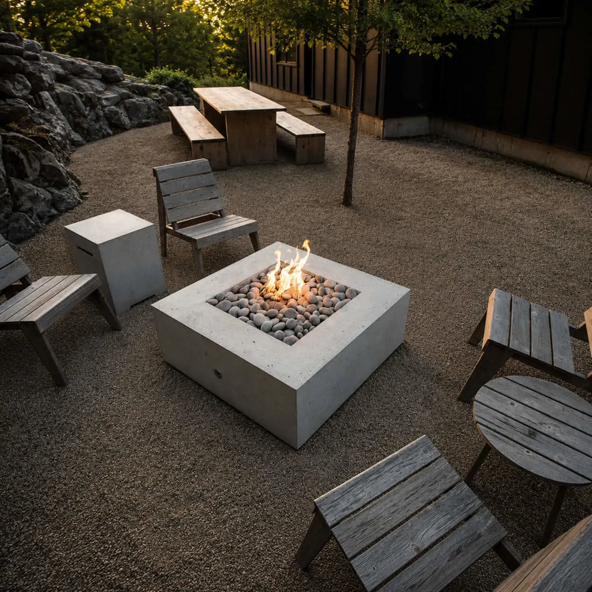 HPC Fire Hearth Products Controls Dekko GFRC Concrete Propane Tank Cover positioned next to a square GFRC concrete fire pit filled with smooth river rock media. Captured from an elevated perspective, this outdoor gathering space features Adirondack-style wood chairs, a picnic table, natural stone landscaping, and warm firelight, highlighting the propane tank cover’s seamless integration into modern backyard designs.
