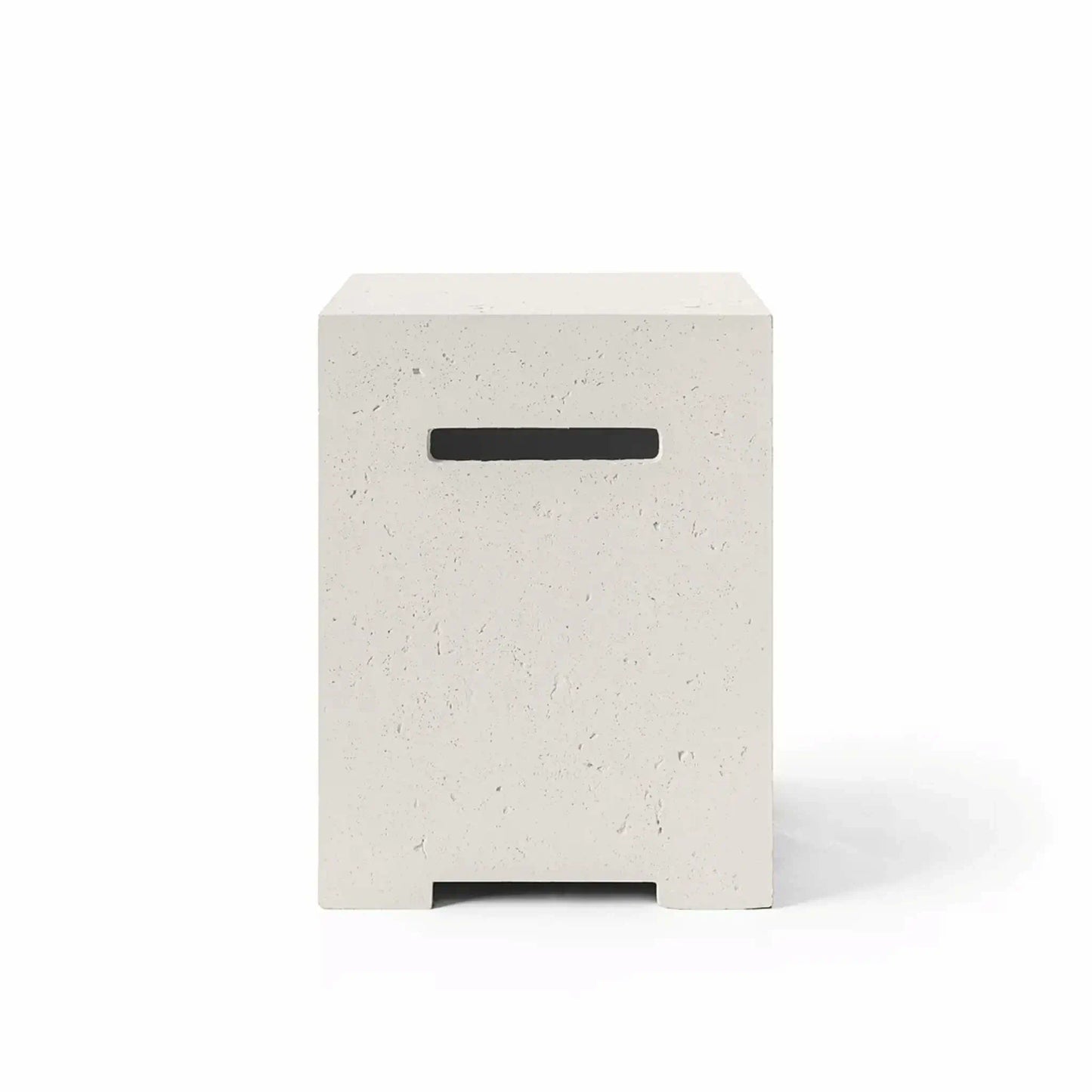 HPC Fire Hearth Products Controls Dekko GFRC Concrete Propane Tank Cover in Limestone finish, shown from the front in a clean product catalog image. The cover features a soft off-white concrete appearance, realistic GFRC texture, minimalist rectangular design, and recessed handle opening for easy access. Designed to conceal propane cylinders, it pairs beautifully with modern fire pits, fire tables, and luxury outdoor entertaining spaces.