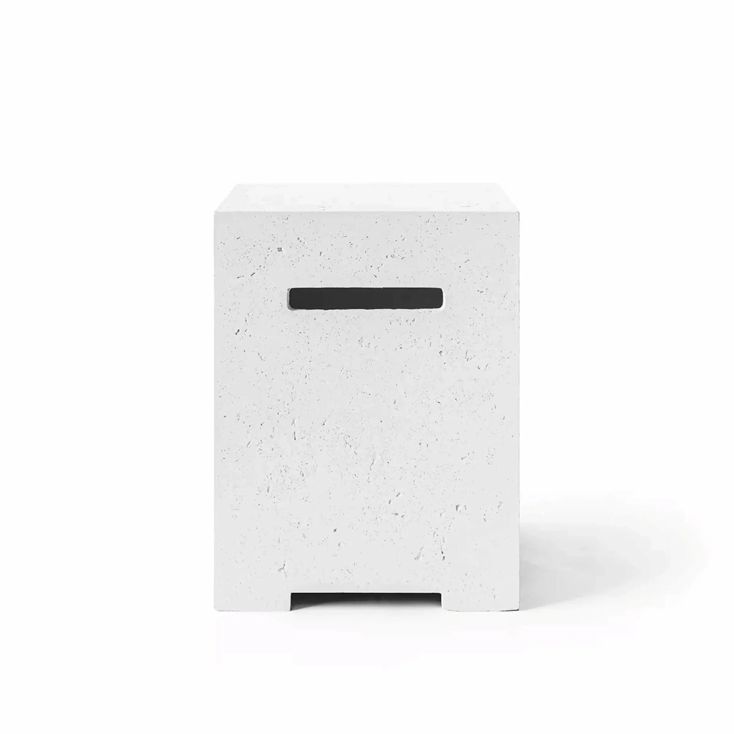 HPC Fire Hearth Products Controls Dekko GFRC Concrete Propane Tank Cover in Natural finish, photographed against a white studio background. This propane tank enclosure features a balanced light gray concrete color, durable glass fiber reinforced concrete construction, textured surface detailing, and a sleek rectangular profile with integrated handle cutout. Ideal for hiding propane tanks while maintaining a clean, contemporary outdoor fire feature aesthetic.