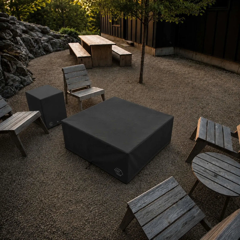 HPC Fire Hearth Products Controls Dekko GFRC Concrete Propane Tank Cover Weather Cover featured in a landscaped outdoor seating area with wooden chairs, benches, and a dining table. The fitted black protective cover encloses a square Dekko propane tank cover, demonstrating weather-resistant protection for outdoor propane storage near fire pit installations. The durable cover complements modern backyard designs while helping safeguard concrete enclosures from moisture, UV rays, and outdoor wear.