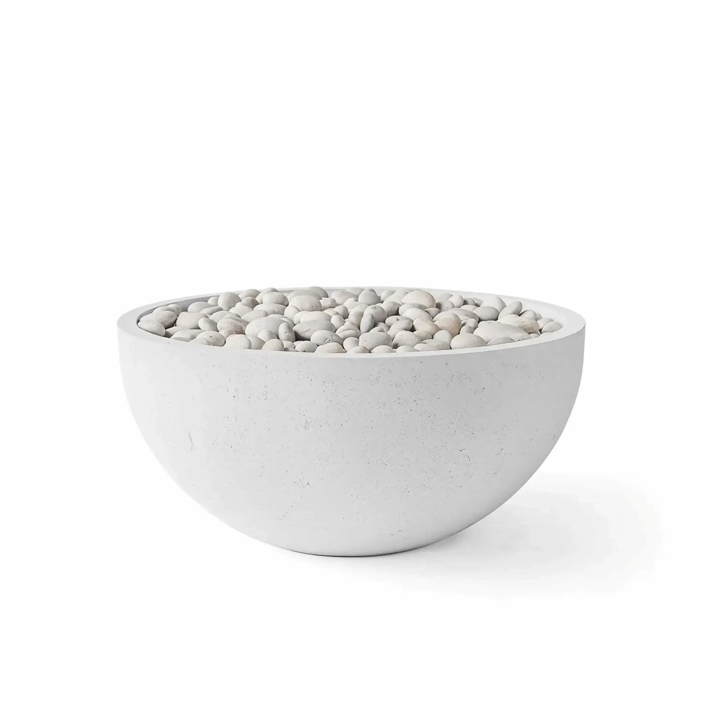 HPC Fire Hearth Products Controls Dekko GFRC Concrete Serenade 32 Fire Pit in Ash finish featuring smooth ivory stone fire media. This round 32-inch GFRC concrete fire pit showcases a modern bowl-shaped design with a light gray ash-colored exterior, wide fire media opening, and decorative ivory stones arranged across the burner area. Product image isolated on a clean white background for outdoor living and patio fire feature applications.