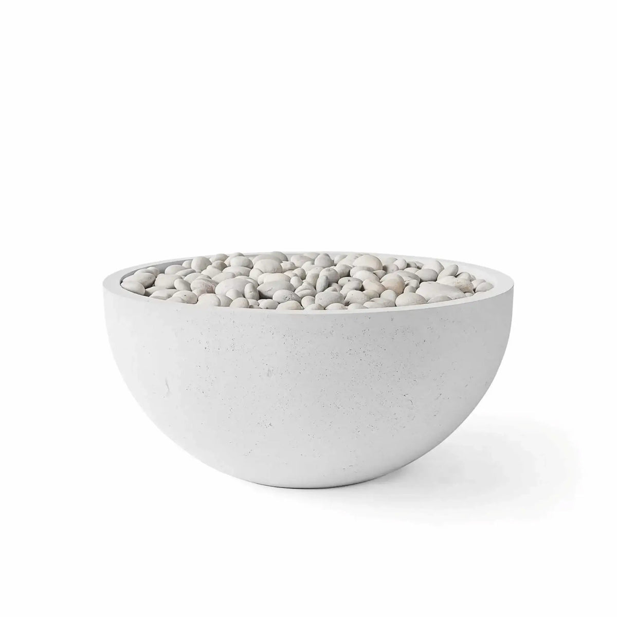 HPC Fire Hearth Products Controls Dekko GFRC Concrete Serenade 32 Fire Pit in Ash finish featuring smooth ivory stone fire media. This round 32-inch GFRC concrete fire pit showcases a modern bowl-shaped design with a light gray ash-colored exterior, wide fire media opening, and decorative ivory stones arranged across the burner area. Product image isolated on a clean white background for outdoor living and patio fire feature applications.