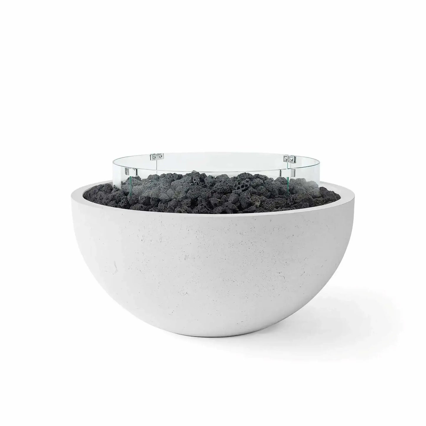 HPC Fire Hearth Products Controls Dekko GFRC Concrete Serenade 32 Fire Pit in Ash finish with black lava rock media and a circular tempered glass wind guard. The modern concrete fire bowl features a smooth rounded silhouette, durable GFRC construction, and natural volcanic rock fill, creating a stylish centerpiece for contemporary outdoor patios, decks, and gathering areas.