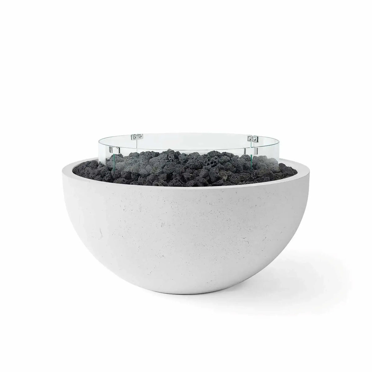 HPC Fire Hearth Products Controls Dekko GFRC Concrete Serenade 32 Fire Pit in Ash finish with black lava rock media and a circular tempered glass wind guard. The modern concrete fire bowl features a smooth rounded silhouette, durable GFRC construction, and natural volcanic rock fill, creating a stylish centerpiece for contemporary outdoor patios, decks, and gathering areas.
