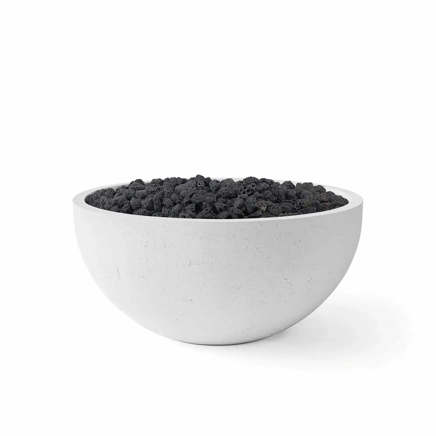HPC Fire Hearth Products Controls Dekko GFRC Concrete Serenade 32 Fire Pit in Ash finish with natural black lava rock fire media. The round GFRC concrete bowl fire pit features a contemporary ash gray exterior, smooth curved profile, and a recessed burner area filled with porous volcanic lava rock. Studio product image displayed on a white background for outdoor patio and backyard fire feature installations.