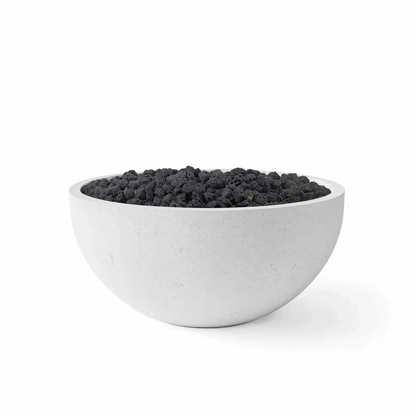 HPC Fire Hearth Products Controls Dekko GFRC Concrete Serenade 32 Fire Pit in Ash finish with natural black lava rock fire media. The round GFRC concrete bowl fire pit features a contemporary ash gray exterior, smooth curved profile, and a recessed burner area filled with porous volcanic lava rock. Studio product image displayed on a white background for outdoor patio and backyard fire feature installations.