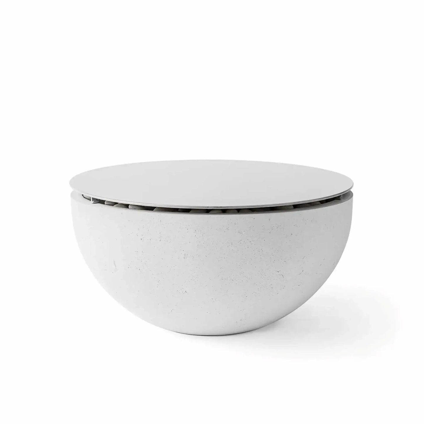 HPC Fire Hearth Products Controls Dekko GFRC Concrete Serenade 32 Fire Pit in Ash finish with matching Table Top Lid installed. The smooth round metal cover sits securely over the fire pit opening, creating a sleek outdoor coffee table appearance. Displayed on a white background, the image showcases the Ash-colored GFRC concrete bowl, subtle concrete texture, and the functional tabletop conversion accessory for the Serenade 32 fire pit.