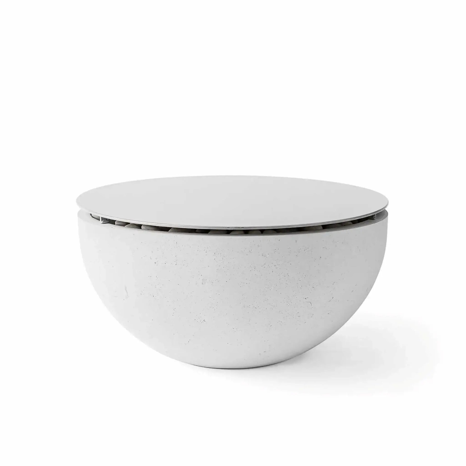HPC Fire Hearth Products Controls Dekko GFRC Concrete Serenade 32 Fire Pit in Ash finish with matching Table Top Lid installed. The smooth round metal cover sits securely over the fire pit opening, creating a sleek outdoor coffee table appearance. Displayed on a white background, the image showcases the Ash-colored GFRC concrete bowl, subtle concrete texture, and the functional tabletop conversion accessory for the Serenade 32 fire pit.