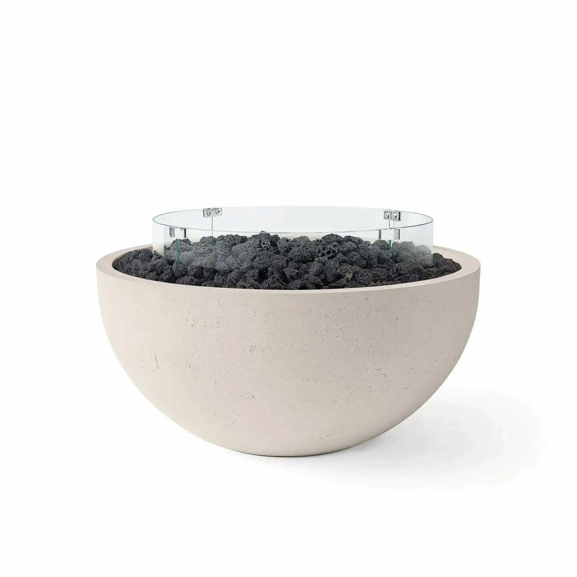HPC Fire Hearth Products Controls Dekko GFRC Concrete Serenade 32 Fire Pit in Clay finish with black lava rock media and a tempered glass wind guard. This modern bowl-style outdoor fire pit showcases a warm concrete exterior, durable GFRC construction, and natural volcanic rock fill, offering a striking contemporary fire feature for patios, outdoor living rooms, and landscape designs.