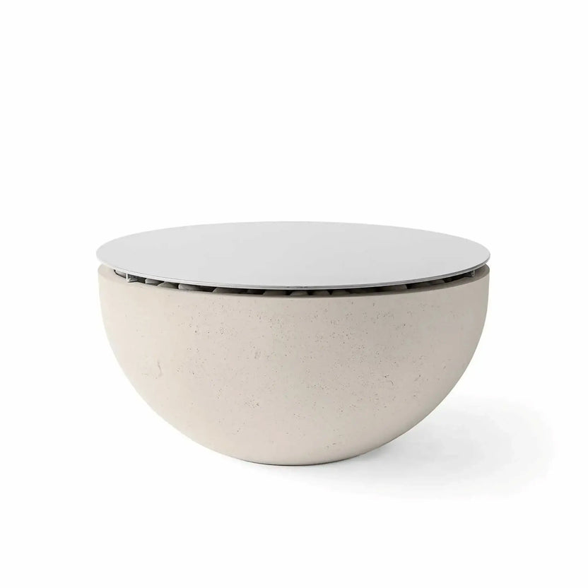 HPC Fire Hearth Products Controls Dekko GFRC Concrete Serenade 32 Fire Pit in Clay finish with Table Top Lid installed. The warm clay-toned concrete bowl is topped with a smooth circular cover, creating a refined multifunctional patio table. Shown against a white background, the image emphasizes the rounded Serenade 32 profile, durable GFRC concrete construction, and practical tabletop lid designed for everyday outdoor use.
