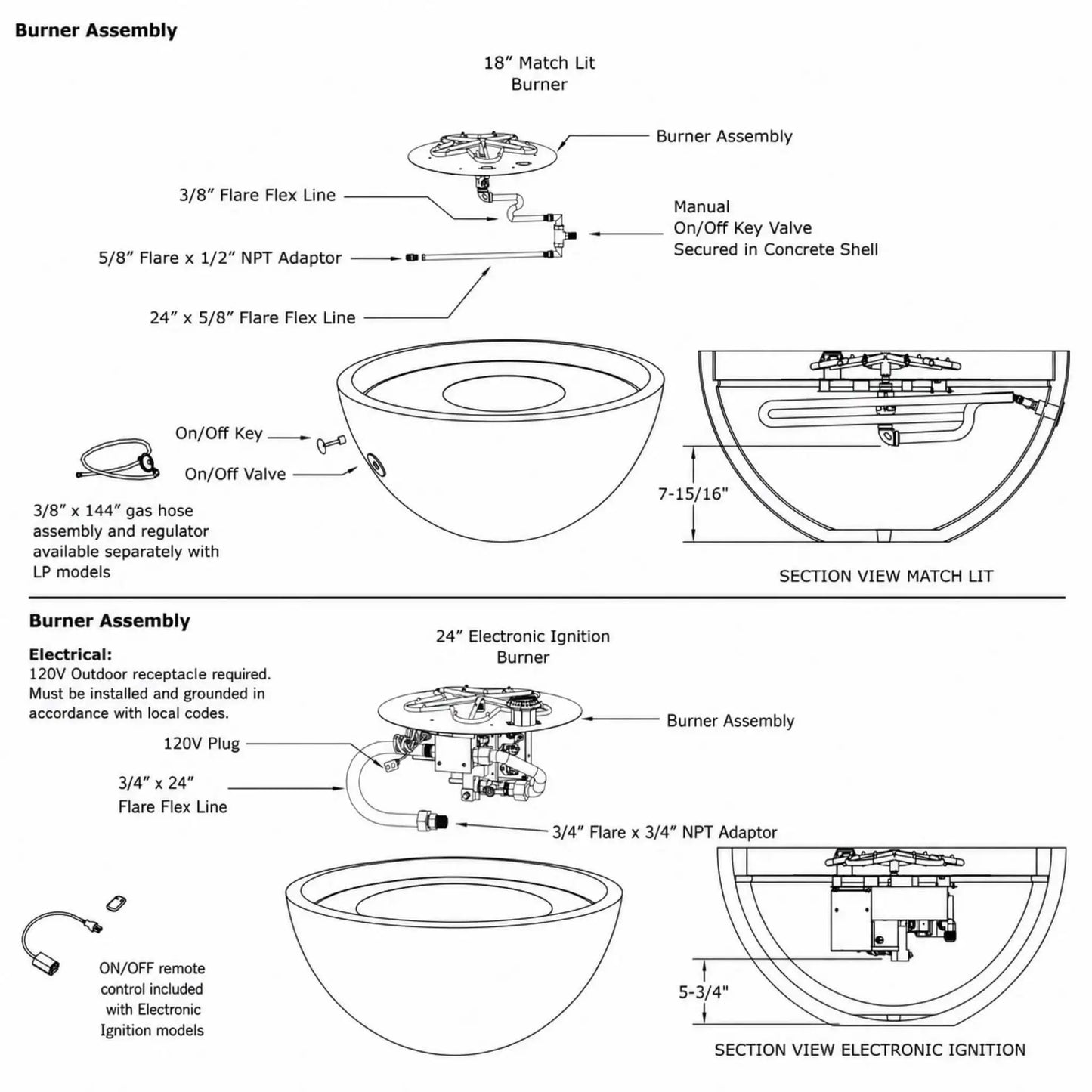 HPC Fire Hearth Products Controls Dekko GFRC Concrete Serenade 32 Fire Pit General Specification Sheet illustrating Match Lit and Electronic Ignition burner assemblies. Technical drawings identify burner components, flare flex lines, gas valve locations, ignition systems, wiring requirements, section views, regulator connections, burner dimensions, and installation clearances within the GFRC concrete fire pit shell for residential and commercial outdoor fire feature applications.