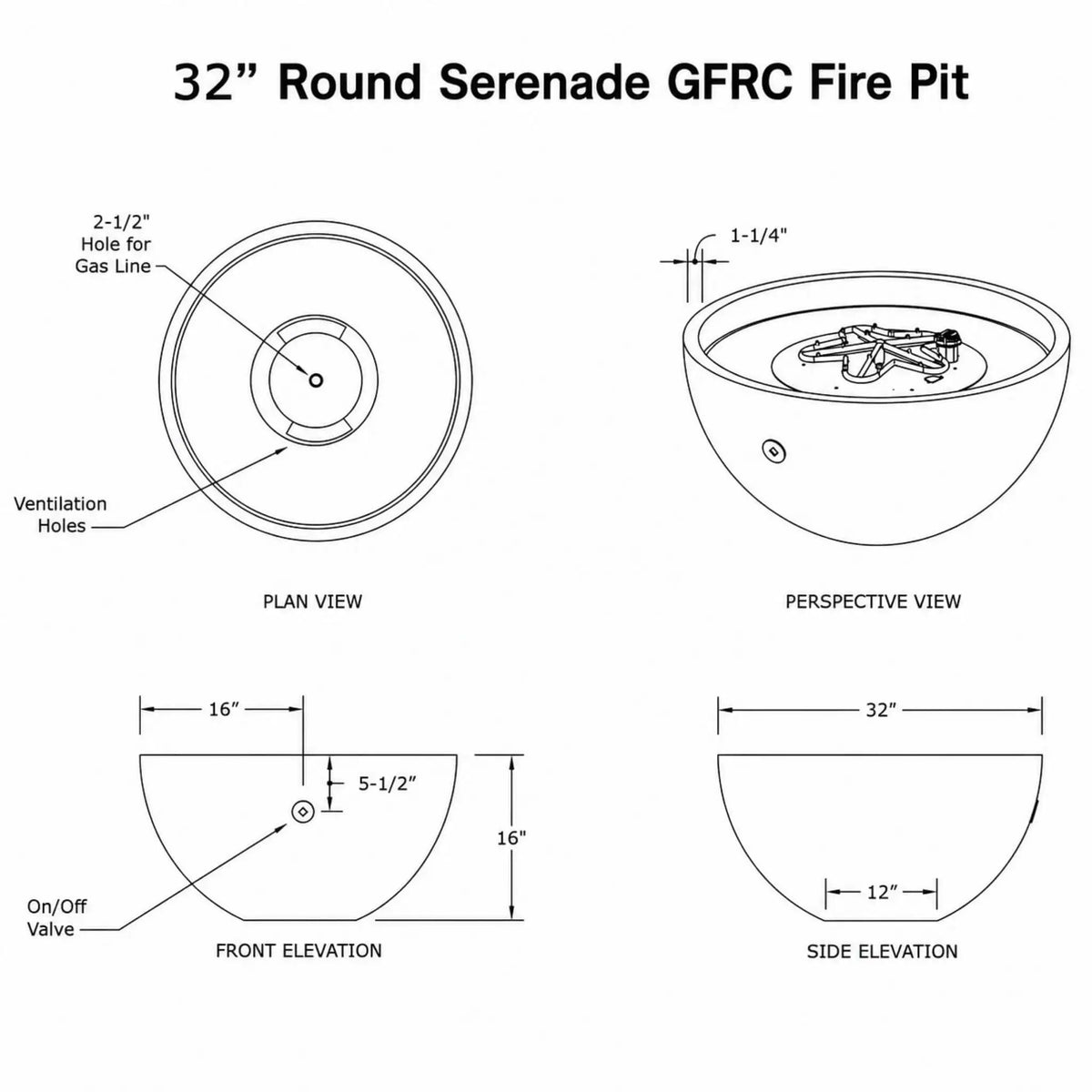HPC Fire Hearth Products Controls Dekko GFRC Concrete Serenade 32 Fire Pit General Specification Sheet showing technical drawings, plan view, front elevation, side elevation, and perspective view of the round fire pit. The diagram includes key dimensions, 32-inch overall diameter, 16-inch height, burner recess details, gas line opening location, ventilation holes, on/off valve placement, and construction measurements for installation and planning purposes.