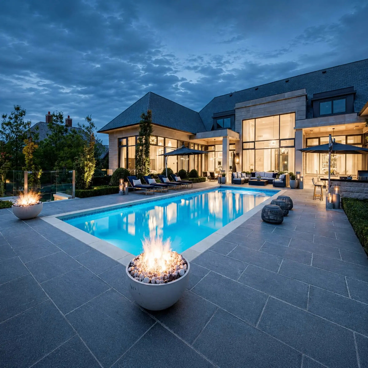 HPC Fire Hearth Products Controls Dekko GFRC Concrete Serenade 32 Fire Pit illuminating a luxurious backyard poolscape at dusk. Two round GFRC concrete fire bowls with decorative stone media burn brightly around a large swimming pool, enhancing the elegant outdoor entertainment area. The image captures architectural lighting, modern patio furnishings, and the warm ambiance created by the Serenade 32 Fire Pit during evening gatherings.