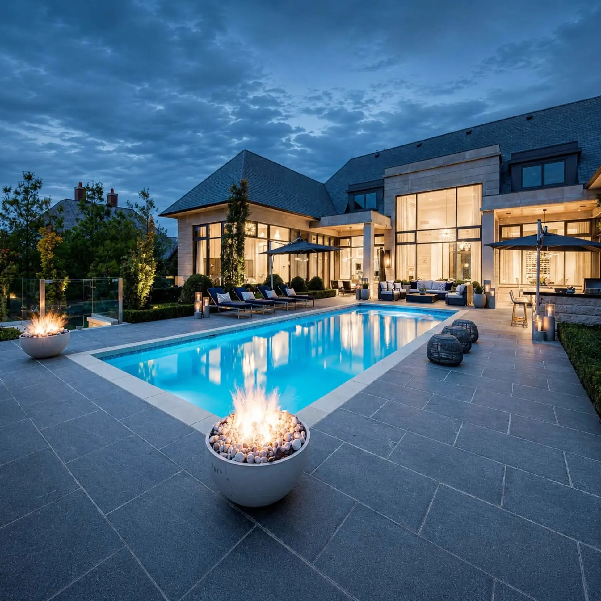 HPC Fire Hearth Products Controls Dekko GFRC Concrete Serenade 32 Fire Pit illuminating a luxurious backyard poolscape at dusk. Two round GFRC concrete fire bowls with decorative stone media burn brightly around a large swimming pool, enhancing the elegant outdoor entertainment area. The image captures architectural lighting, modern patio furnishings, and the warm ambiance created by the Serenade 32 Fire Pit during evening gatherings.