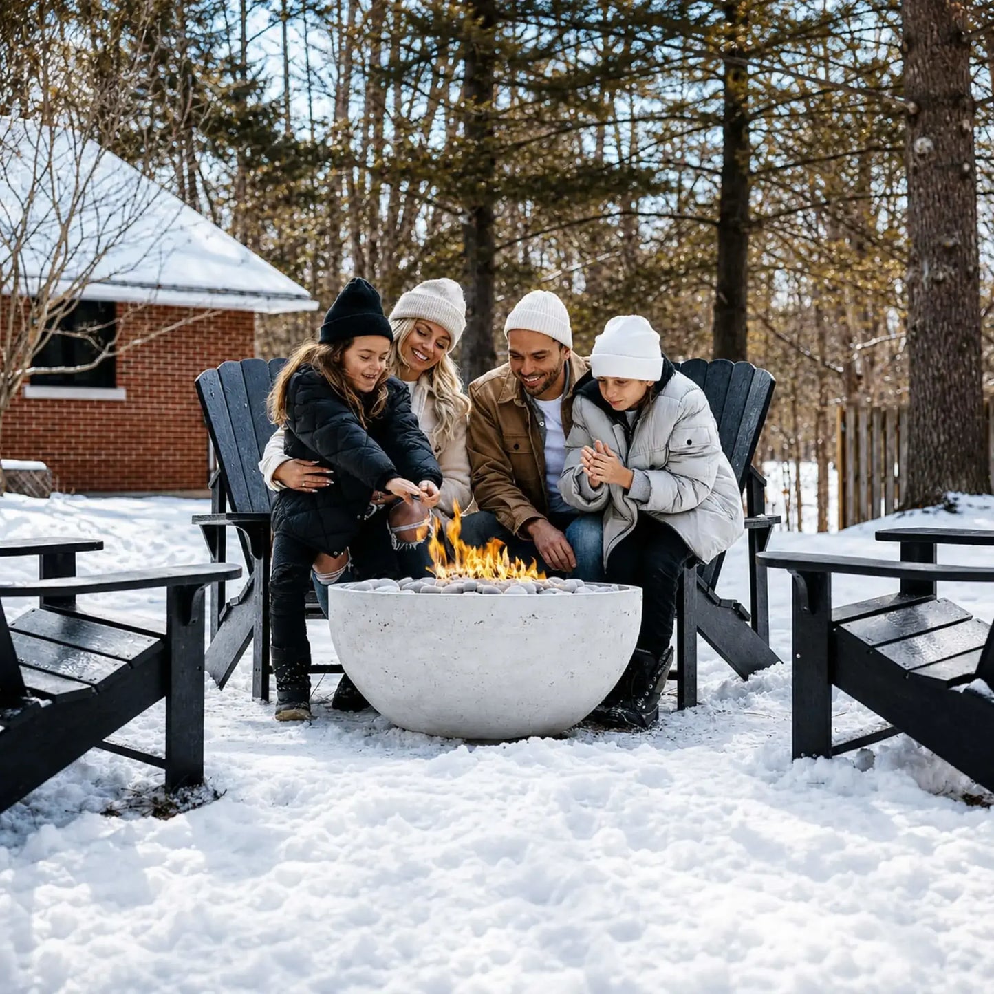 HPC Fire Hearth Products Controls Dekko GFRC Concrete Serenade 32 Fire Pit bringing warmth to a snowy winter backyard gathering. A family dressed in winter clothing sits around the round concrete fire bowl, enjoying the flames above decorative stone media. Surrounded by Adirondack chairs, snow-covered ground, and tall trees, this lifestyle image demonstrates year-round outdoor enjoyment with the Serenade 32 Fire Pit.