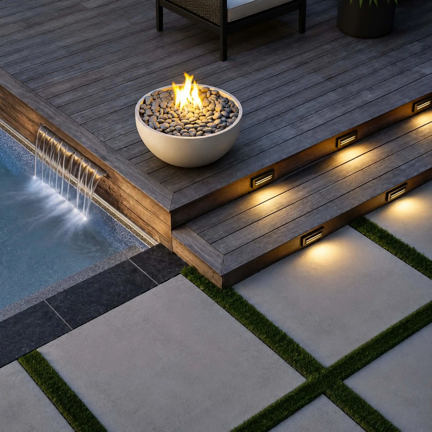 HPC Fire Hearth Products Controls Dekko GFRC Concrete Serenade 32 Fire Pit installed on a luxury wood pool deck with integrated LED stair lighting and a cascading water feature. The round concrete fire bowl, filled with decorative stones, emits a bright flame that complements the illuminated outdoor setting. This lifestyle image showcases the Serenade 32 Fire Pit as an elegant addition to upscale poolside landscapes.