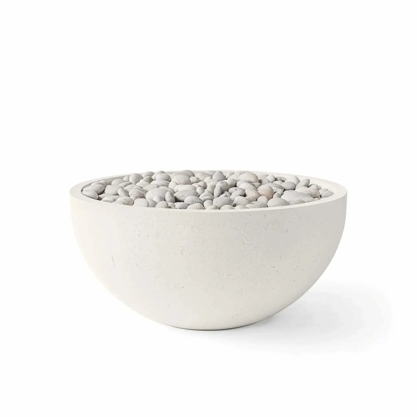 HPC Fire Hearth Products Controls Dekko GFRC Concrete Serenade 32 Fire Pit in Limestone finish with Ivory Stone media. The round GFRC concrete fire bowl features a warm limestone-colored exterior paired with smooth ivory decorative stones that provide a clean, natural appearance. Shown on a white background, this product image highlights the shape, finish texture, and media combination available for the Serenade 32 Fire Pit.