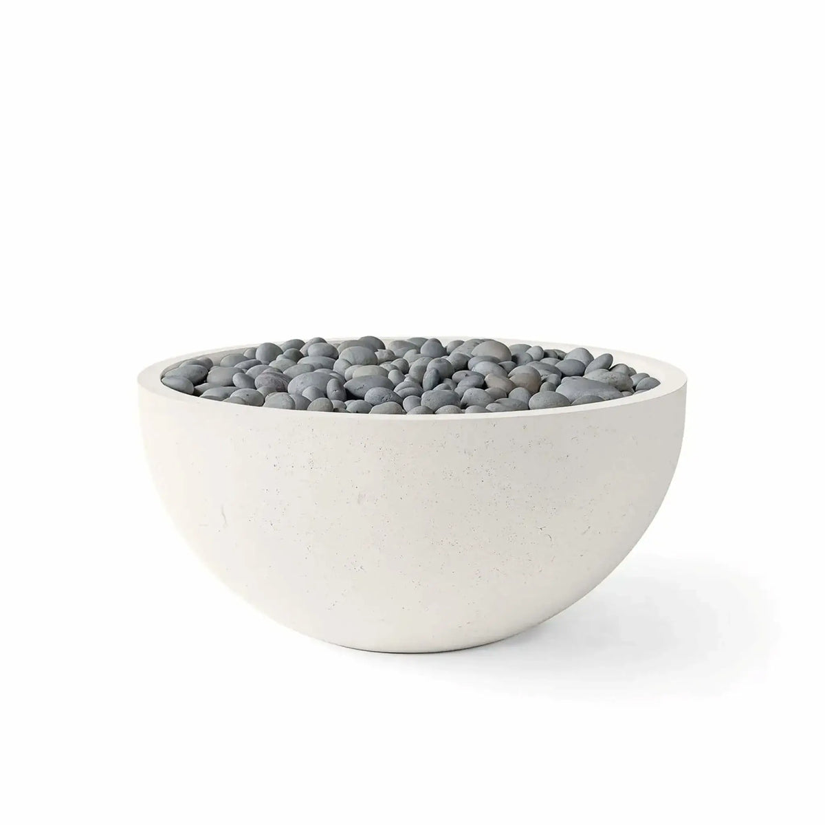 HPC Fire Hearth Products Controls Dekko GFRC Concrete Serenade 32 Fire Pit in Limestone finish with Slate Stone media. The smooth GFRC concrete bowl is paired with rounded gray slate stones that add texture and modern visual appeal. Displayed on a clean white background, this product image highlights the limestone finish and slate stone media combination designed for the Serenade 32 Fire Pit collection.