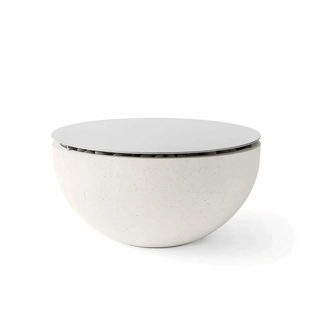 HPC Fire Hearth Products Controls Dekko GFRC Concrete Serenade 32 Fire Pit in Limestone finish with matching Table Top Lid. The light limestone-colored concrete bowl features a subtle textured surface and a fitted circular cover that conceals the fire media below. Displayed on a white background, this image showcases the elegant, modern design and dual-purpose functionality of the Serenade 32 fire pit and tabletop lid combination.