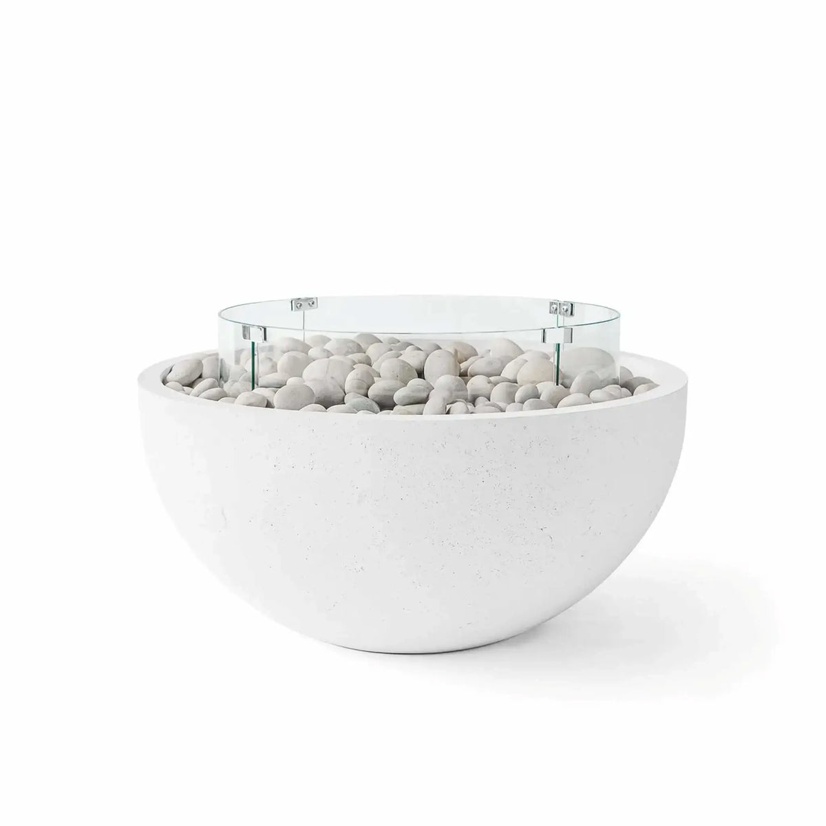 HPC Fire Hearth Products Controls Dekko GFRC Concrete Serenade 32 Fire Pit in Natural finish featuring ivory fire stones and a circular tempered glass wind guard. The elegant concrete fire bowl combines a soft neutral GFRC finish, smooth white stone media, and a clean contemporary silhouette, making it a stylish centerpiece for patios, outdoor living spaces, gardens, and resort-inspired landscapes.