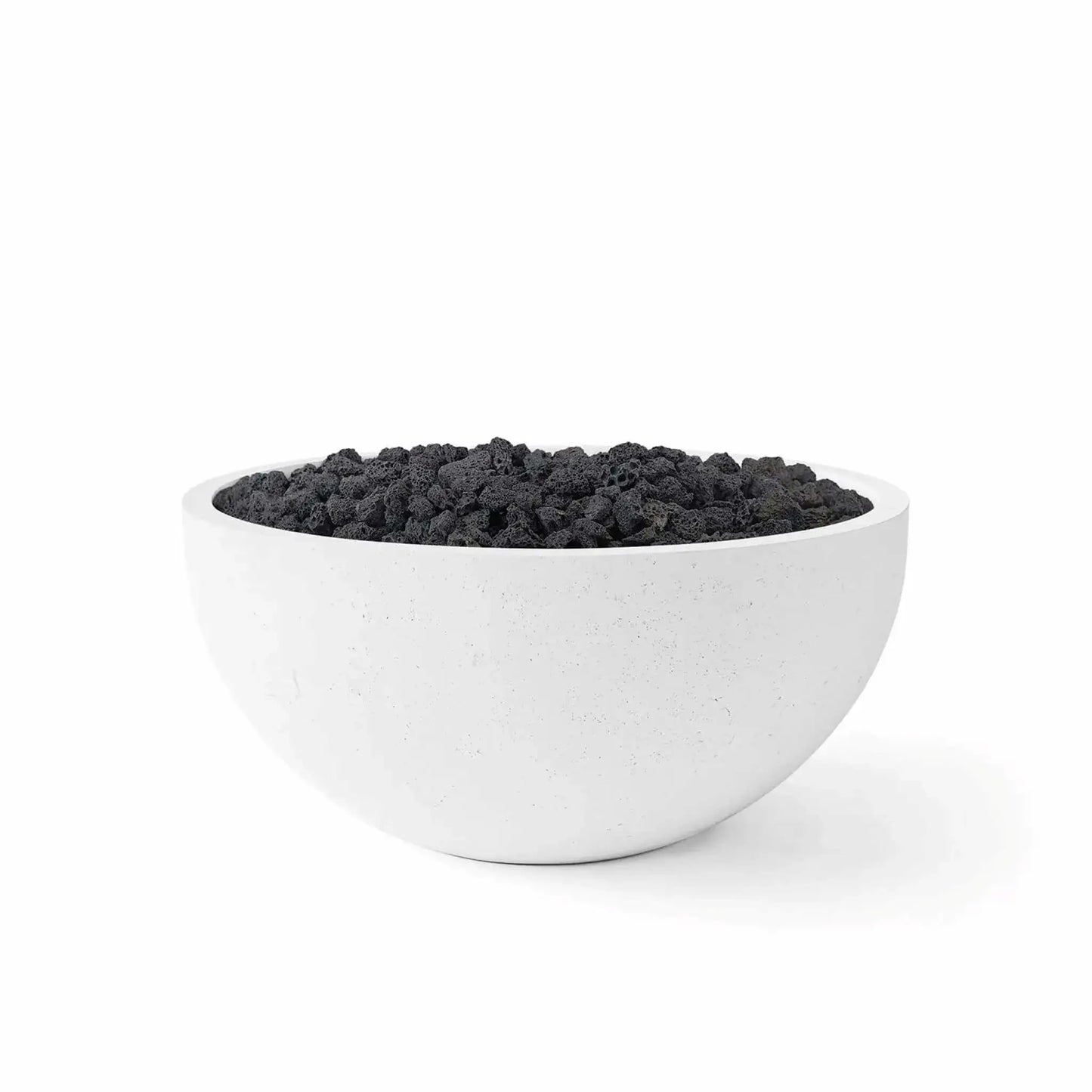 HPC Fire Hearth Products Controls Dekko GFRC Concrete Serenade 32 Fire Pit in Natural finish with Lava Rock media. The rounded GFRC concrete fire bowl features a natural gray concrete tone paired with dark volcanic lava rock for a striking modern look. This isolated product image clearly displays the bowl profile, material texture, and media option available for the Serenade 32 Fire Pit.