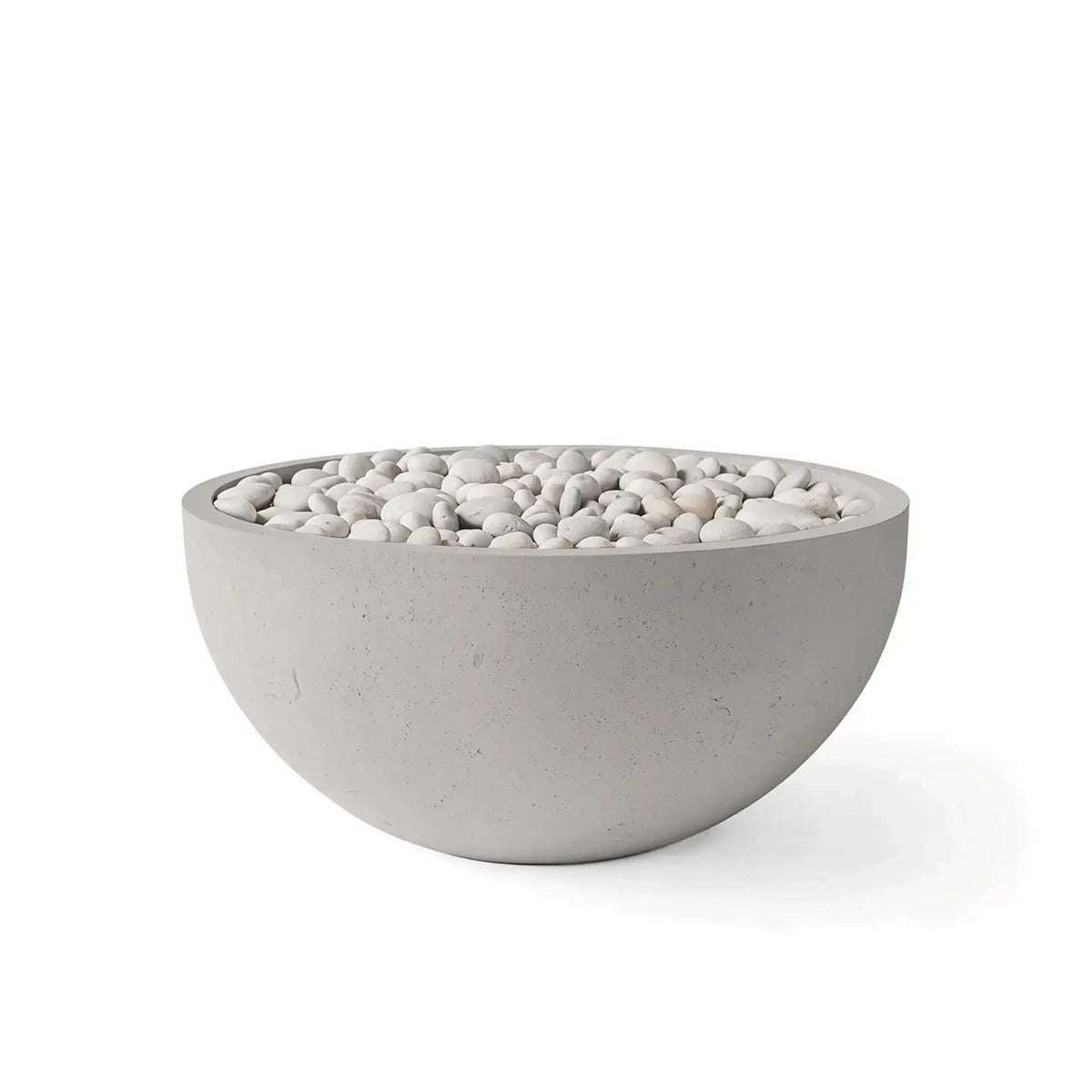 HPC Fire Hearth Products Controls Dekko GFRC Concrete Serenade 32 Fire Pit in Sandstone finish with Ivory Stone media. The round fire bowl features a warm sandstone-colored GFRC concrete exterior filled with smooth ivory decorative stones for a refined, upscale appearance. Shown on a white background, this product image highlights the finish color, bowl shape, and premium media combination available for the Serenade 32 Fire Pit.