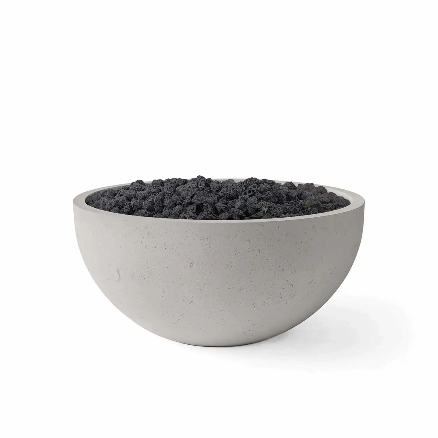 HPC Fire Hearth Products Controls Dekko GFRC Concrete Serenade 32 Fire Pit in Sandstone finish with Lava Rock media. This round GFRC concrete fire bowl features a warm sandstone-colored exterior paired with rugged black lava rock, creating a striking contrast that complements contemporary outdoor living spaces. Displayed on a clean white background, the image highlights the smooth bowl profile, durable concrete texture, and premium lava rock media option available for the Serenade 32 Fire Pit collection.